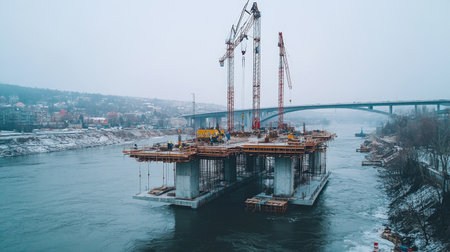 A dramatic shot of a bridge under construction over a river, with cranes and workers visible, showcasing the development and progress of infrastructure projects.の素材