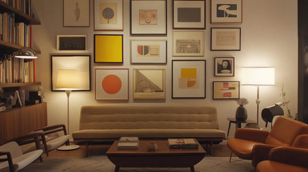 A stylish living room featuring a gallery wall of framed art, a mid-century modern sofa, and chic lighting fixtures, capturing the essence of contemporary home decor.の素材