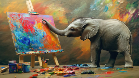 A young elephant concentrating on a colorful painting, using its trunk to add fine details on a canvas, with bright paints and brushes scattered around.の素材