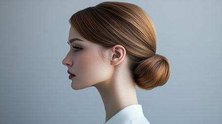 A side profile of a woman with a classic chignon bun, neatly styled at the nape of the neck, showcasing an elegant and timeless hairstyle.の素材