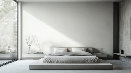 A serene bedroom featuring a low-profile bed, simple decor, and a monochromatic color scheme, embodying the essence of minimalist design.の素材