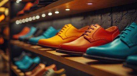 A vibrant shoe rack in a fashion boutique, displaying the latest trends and styles, with spotlights enhancing the colors and textures of the shoes for a retail atmosphere.の素材