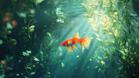 A serene underwater scene featuring a Betta fish gliding among lush aquatic plants, creating a peaceful ambiance that highlights the beauty of a well-maintained aquarium.の素材