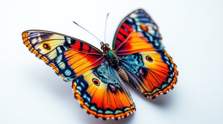 A macro shot of a colorful butterfly perched on a white background, with its vibrant wings spread open, displaying intricate patterns and textures.の素材