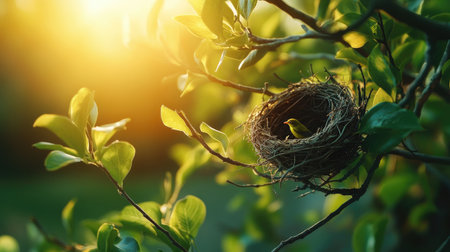 A small bird's nest nestled in the branches of a green leafy tree, with sunlight filtering through, highlighting the natural texture of twigs and leaves.の素材