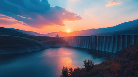 A dramatic sunset shot of a large dam and reservoir, with the setting sun casting warm hues over the water and the dam's towering structure.の素材