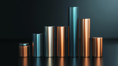 Artistic arrangement of metallic cylinders in varying heights creates a striking visual on a dark background, emphasizing modern design and elegance.の素材