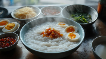 A steamy, comforting bowl of rice porridge on a cold, misty morning, with side dishes of salted eggs, pickled radish, and spicy chili paste completing the scene.の素材