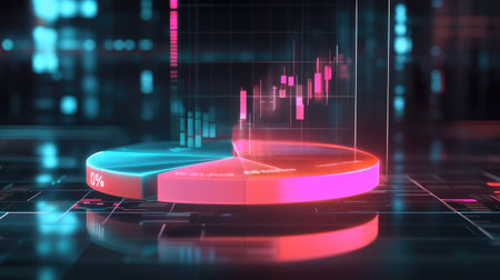 A transparent D pie chart with floating segments, displayed against a dark, futuristic backdrop, with glowing percentages next to each slice for clarity.の素材