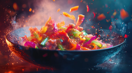 A vibrant scene of a wok on high heat with stir-frying vegetables and meat, showcasing the dynamic action of cooking and the bright colors of the ingredients.の素材