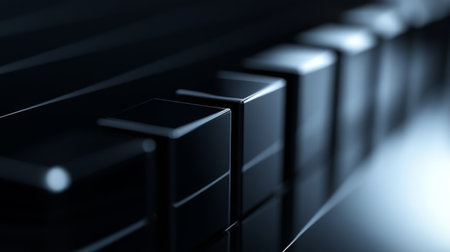 This image showcases a close-up view of glossy black blocks arranged in a modern design. The soft focus background enhances the sleek texture and minimalistic aesthetic, creating a visually striking composition.の素材