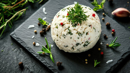 A top-down view of a gourmet cheese ball, beautifully garnished with herbs and spices, displayed on a slate serving board, capturing the elegance of this delicious appetizer.の素材