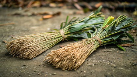 Close-up of freshly harvested paddy rice bundles lying on the ground, showcasing the golden grains and lush green leaves, symbolizing the bounty of a successful harvest.の素材