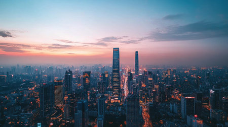A panoramic shot of a dense urban skyline at dusk, with tall skyscrapers lit up against the darkening sky and a lively cityscape illuminated below.の素材