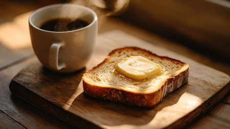 A close-up of a perfectly toasted slice of bread with a pat of melting butter, set on a wooden breakfast table with a steaming cup of coffee.の素材