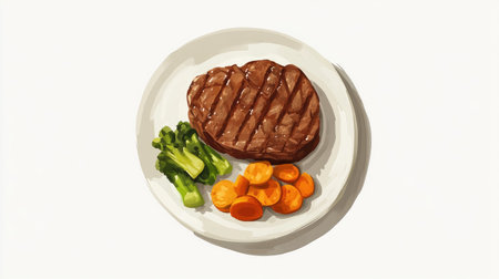 A top-down view of a steak served with a simple side of steamed vegetables, all presented on a clean white background to emphasize the quality of the dish.の素材