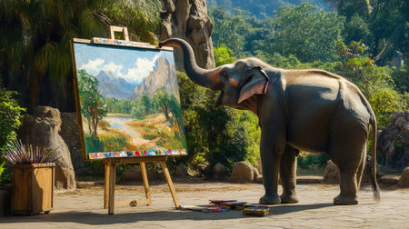 A scene of an elephant painting a landscape on a large canvas, carefully adding detail with its trunk, while a trainer stands by with paint palettes.の素材
