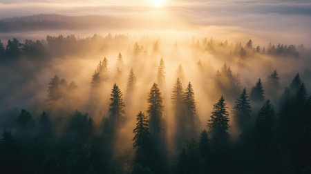 An aerial view of a foggy forest with the sun rising behind the trees, creating a mystical and ethereal atmosphere as the light filters through the mist.の素材
