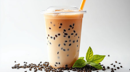 A transparent cup of milk tea with a lid and straw, surrounded by scattered tapioca pearls and tea leaves on a white surface, showcasing its ingredients.の素材