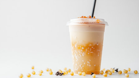 A transparent cup of milk tea with a lid and straw, surrounded by scattered tapioca pearls and tea leaves on a white surface, showcasing its ingredients.の素材