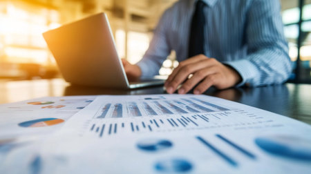 A business professional focuses on financial reports while using a laptop in a bright office setting, showcasing analysis, strategy, and workplace productivity.の素材