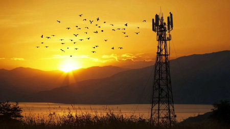 A stunning sunset casts an orange glow over mountains while birds soar near a communication tower. This tranquil scene captures the blend of nature and technology.の素材