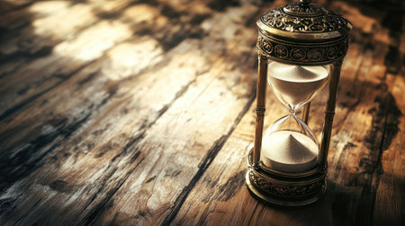 A close-up of an antique hourglass with detailed metalwork and fine, slow-moving sand, casting soft shadows on a rustic wooden table.の素材