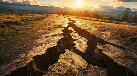 A natural earthquake scene with visible cracks in the Earth's crust, splitting the ground in a rural landscape, showcasing the powerful forces beneath the surface.の素材