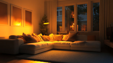 A cozy living room featuring warm lighting that creates a tranquil ambiance. Plush cushions adorn a modern sofa, inviting relaxation and comfort in a stylish interior setting.の素材
