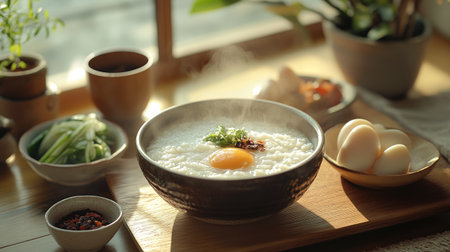 A steamy, comforting bowl of rice porridge on a cold, misty morning, with side dishes of salted eggs, pickled radish, and spicy chili paste completing the scene.の素材