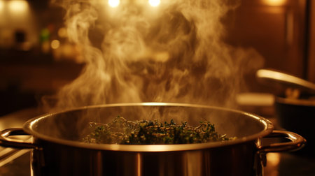 Steam gracefully rises from fresh green herbs in a metal pot, capturing the essence of home cooking. The warm glow of the kitchen enhances the cozy atmosphere, showcasing the culinary process.の素材