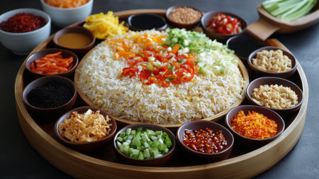 A vibrant display of assorted ingredients surrounds a central rice dish, showcasing colorful vegetables and spices, perfect for festive gatherings or culinary presentations.の素材