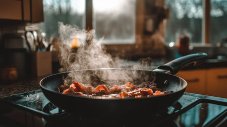 A close-up view of fresh ingredients sizzling in a pan, with steam rising under warm kitchen light, creating an inviting and appetizing cooking atmosphere.の素材