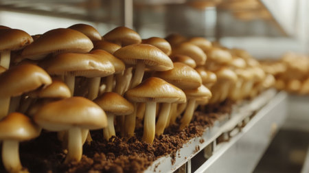 This image showcases a close-up of freshly grown mushrooms thriving in an indoor farm. Ideal for illustrating sustainable agriculture and healthy food choices.の素材