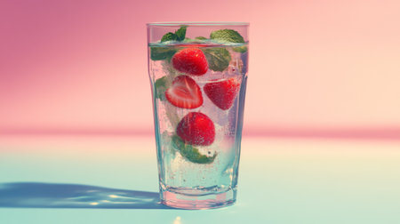 Enjoy a vibrant glass of strawberry mint infused water, perfect for hydration. This refreshing beverage showcases fresh strawberries and mint in a visually appealing setting.の素材
