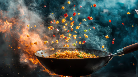 A stunning image of a wok cooking vibrant stir fry with colorful vegetables and rice, surrounded by flames and smoke. Perfect for food lovers!の素材
