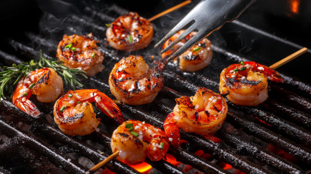 A close-up view of delicious grilled shrimp skewers sizzling on a charcoal grill. Fresh herbs enhance the vibrant colors and smoky aroma, perfect for any culinary occasion.の素材