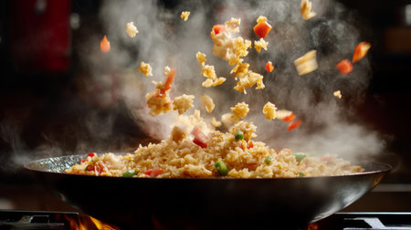 A dynamic scene of ingredients flying through the air while being stir-fried in a hot pan. This image captures the essence of vibrant cooking, showcasing fresh vegetables and rice creating a delicious and aromatic meal.の素材