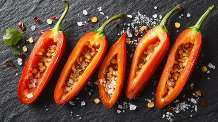An artistic arrangement of sliced chili peppers, revealing their seeds and inner flesh, with a sprinkle of coarse sea salt on a textured slate surface.の素材