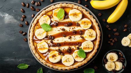 An overhead shot of a whole banoffee pie topped with banana slices and drizzled caramel, surrounded by fresh bananas and coffee beans for decoration.の素材
