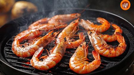 An outdoor grill setting with large shrimp sizzling over hot coals, smoke rising, creating an inviting atmosphere for seafood lovers.の素材