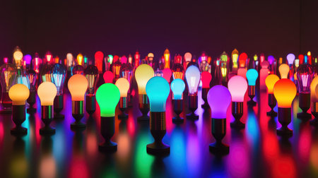 An array of colorful LED light bulbs displayed on a reflective surface, showcasing different shapes and sizes, creating a vibrant and modern aesthetic.の素材