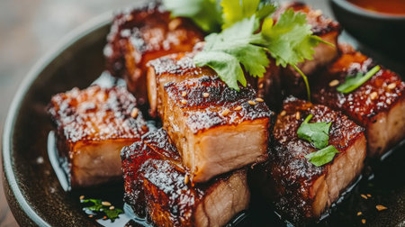 A beautifully plated dish of hot crispy pork, garnished with fresh herbs and accompanied by dipping sauces, highlighting the delicious textures and colors.の素材