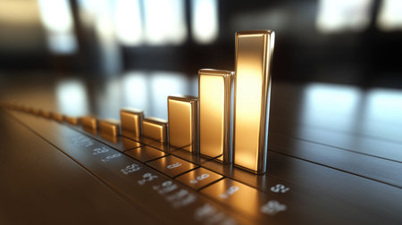 A D bar chart depicting yearly growth statistics, with bars arranged in ascending order, accented by soft glows that highlight each bar's height.の素材