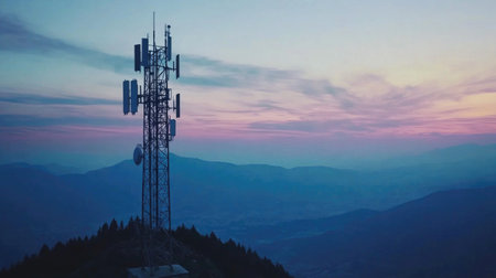 A cell phone tower at the top of a tall mountain, surrounded by a panoramic view of nature, representing expansive rural and mountainous coverage.の素材