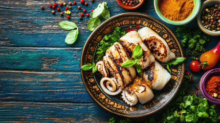 An artistic overhead shot of grilled squid on a rustic plate, surrounded by colorful spices and herbs, emphasizing the dish's culinary appeal.の素材