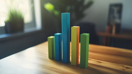 A D bar graph representing financial growth, featuring bars in green and blue tones, with a soft-focus background that emphasizes the data.の素材