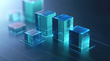 An engaging visualization of a D bar graph featuring different shades of blue, capturing the viewer's attention with its glossy finish and clear data representation.の素材