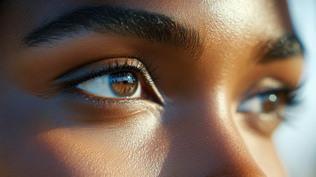 A close-up of a woman's face with radiant skin, showcasing defined cheekbones and perfectly groomed eyebrows, accentuated by natural lighting.の素材