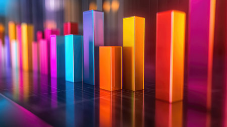 A colorful bar chart representing stock performance over time, with various heights and vibrant colors, set against a clean, professional backdrop.の素材